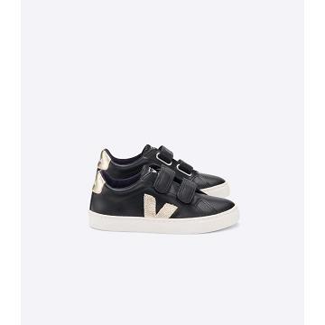 Kids' Veja ESPLAR LEATHER Sneakers Black/Gold | ZA 812UZG